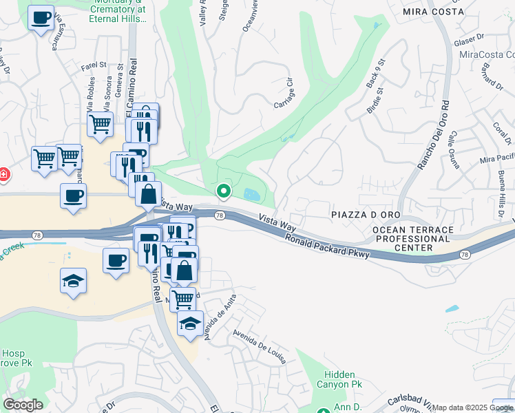map of restaurants, bars, coffee shops, grocery stores, and more near 3202 Vista Way in Oceanside