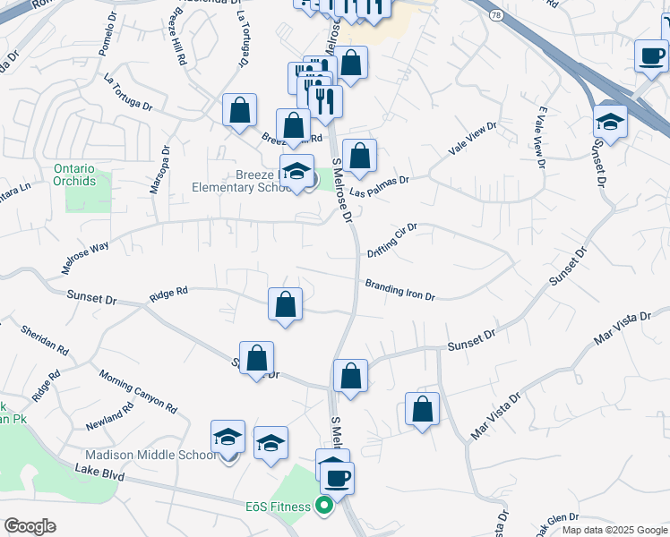 map of restaurants, bars, coffee shops, grocery stores, and more near 1207 Branding Iron Circle in Vista