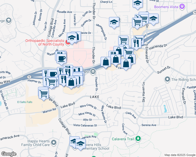 map of restaurants, bars, coffee shops, grocery stores, and more near 3436 Thunder Drive in Oceanside