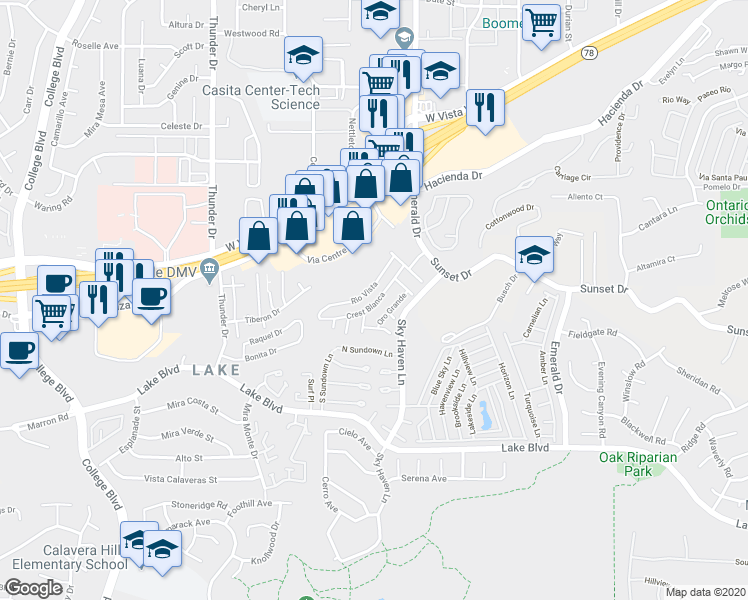 map of restaurants, bars, coffee shops, grocery stores, and more near 2130 Sunset Drive in Vista