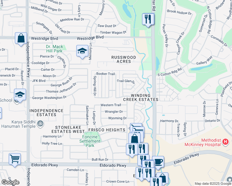 map of restaurants, bars, coffee shops, grocery stores, and more near 12787 Brook Ridge Drive in Frisco