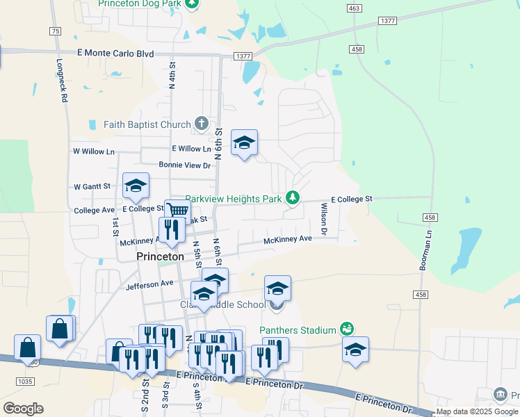 map of restaurants, bars, coffee shops, grocery stores, and more near 805 East College Street in Princeton
