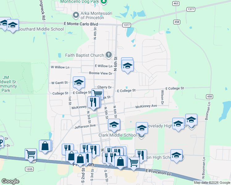 map of restaurants, bars, coffee shops, grocery stores, and more near 906 North 6th Street in Princeton