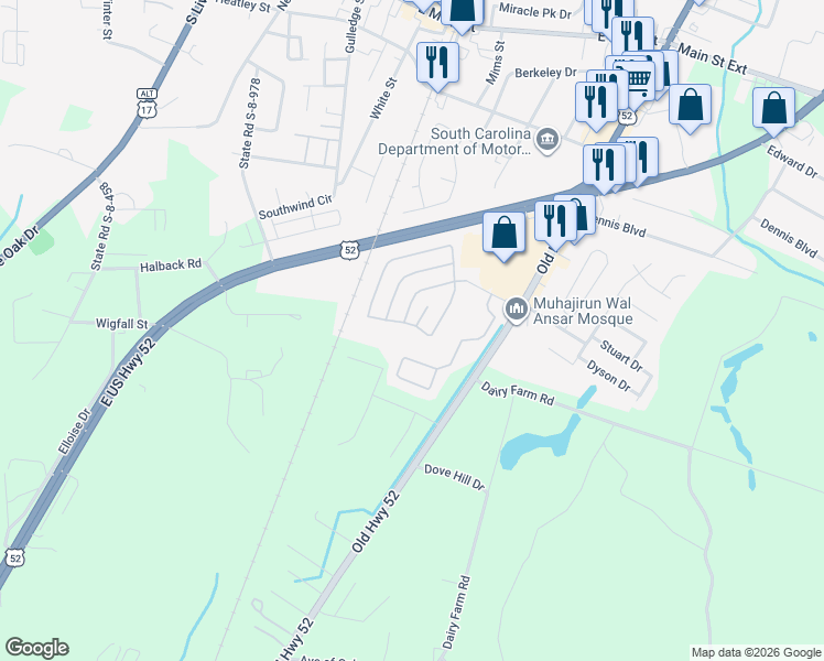 map of restaurants, bars, coffee shops, grocery stores, and more near 414 Birchwood Drive in Moncks Corner