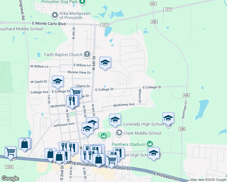 map of restaurants, bars, coffee shops, grocery stores, and more near 803 East College Avenue in Princeton