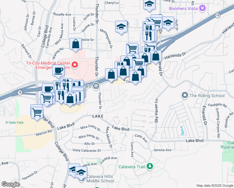 map of restaurants, bars, coffee shops, grocery stores, and more near 3458 Los Mochis Way in Oceanside
