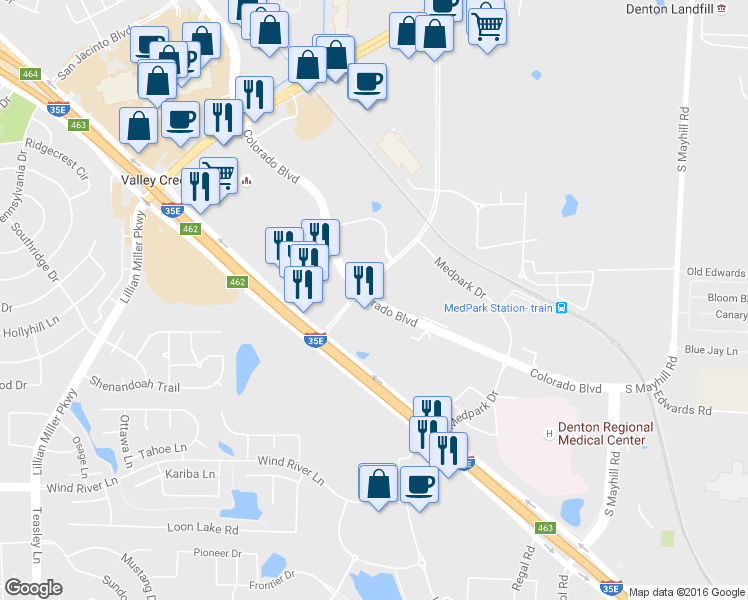 map of restaurants, bars, coffee shops, grocery stores, and more near 3100 Colorado Boulevard in Denton