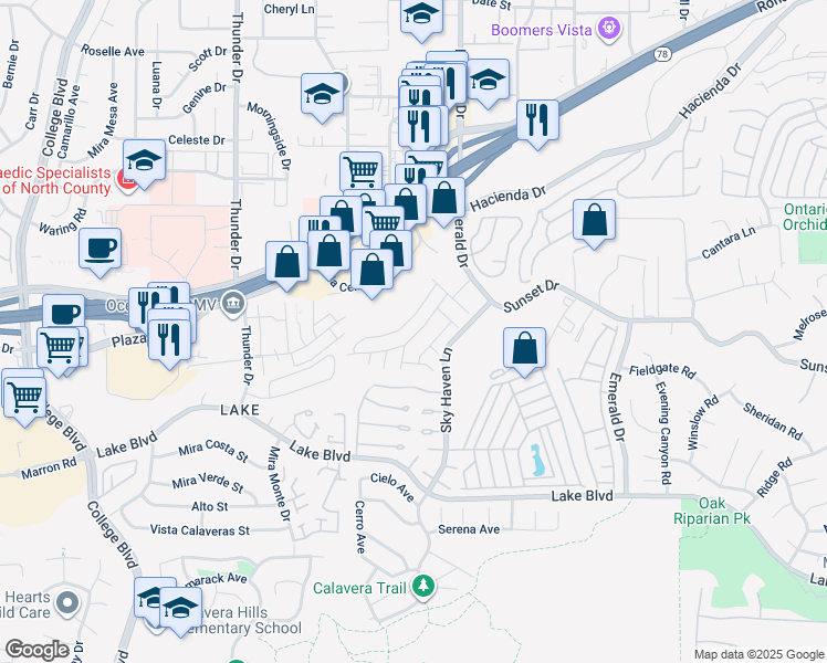map of restaurants, bars, coffee shops, grocery stores, and more near in Vista
