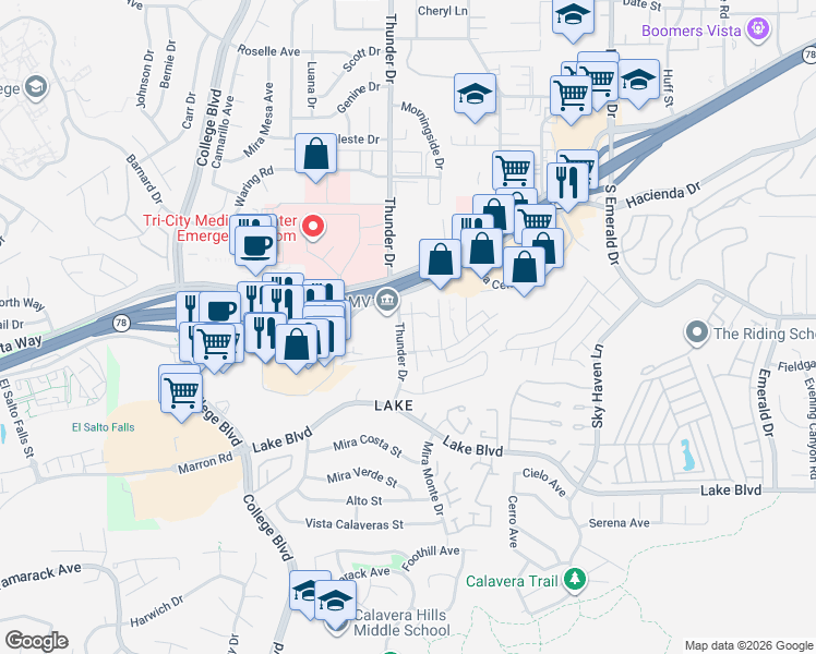 map of restaurants, bars, coffee shops, grocery stores, and more near 3442 Thunder Drive in Oceanside