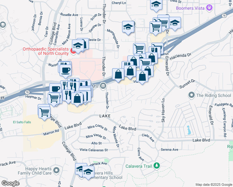 map of restaurants, bars, coffee shops, grocery stores, and more near 3448 Seabreeze Walk in Oceanside
