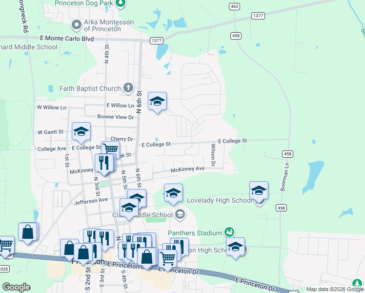 map of restaurants, bars, coffee shops, grocery stores, and more near 831 East College Street in Princeton