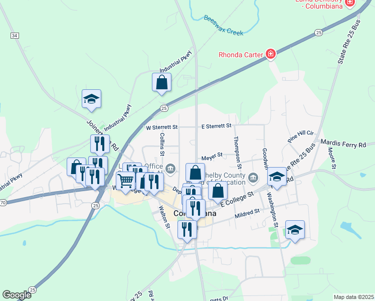 map of restaurants, bars, coffee shops, grocery stores, and more near 101 Hughes Street in Columbiana