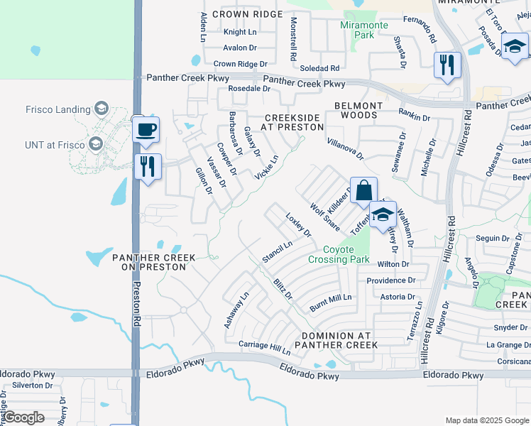 map of restaurants, bars, coffee shops, grocery stores, and more near 10076 Tisbury Dr in Frisco