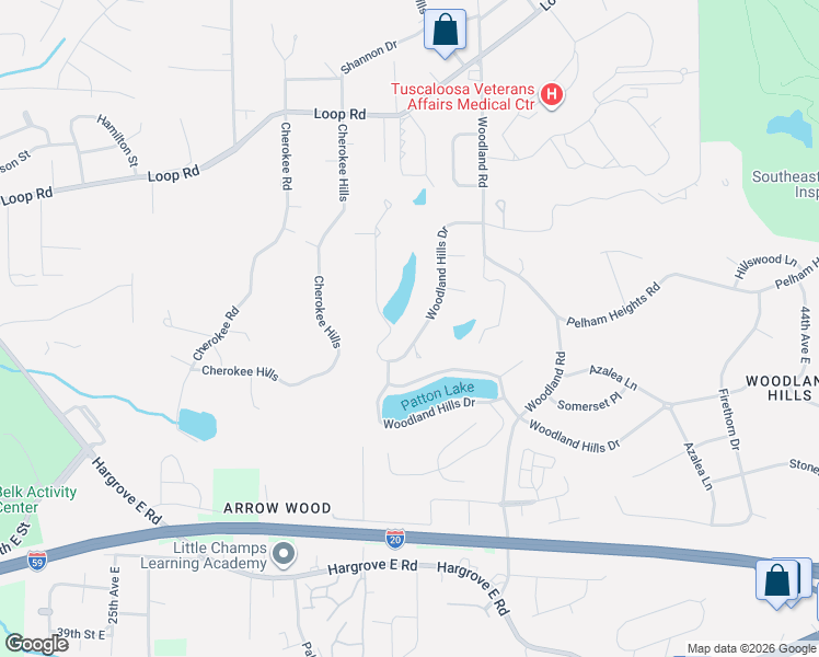 map of restaurants, bars, coffee shops, grocery stores, and more near 2814 Woodland Hills Drive in Tuscaloosa