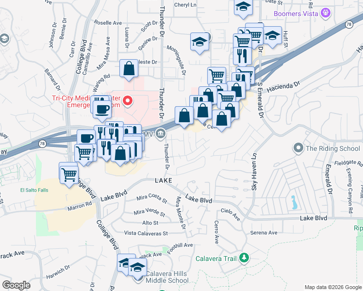 map of restaurants, bars, coffee shops, grocery stores, and more near 3448 Seabreeze Walk in Oceanside