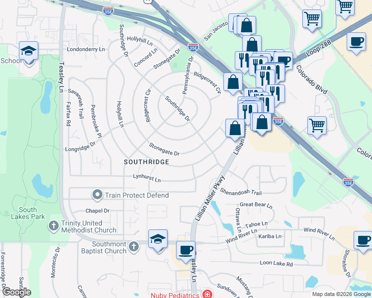 map of restaurants, bars, coffee shops, grocery stores, and more near 2245 Stonegate Drive in Denton