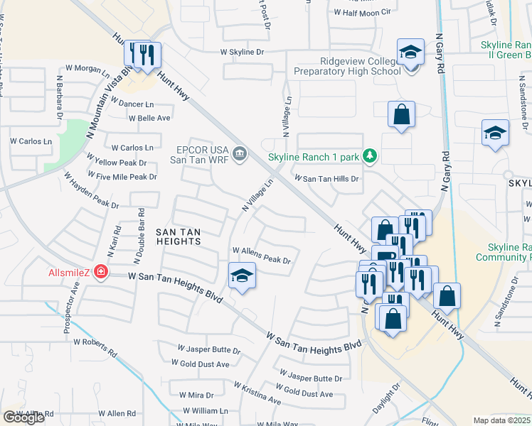 map of restaurants, bars, coffee shops, grocery stores, and more near 2459 West Camp River Road in Queen Creek