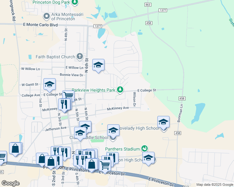 map of restaurants, bars, coffee shops, grocery stores, and more near 1109 Bronner Drive in Princeton