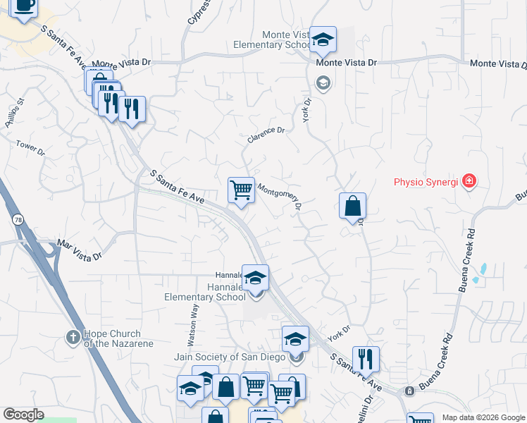 map of restaurants, bars, coffee shops, grocery stores, and more near 1469 Montgomery Drive in Vista