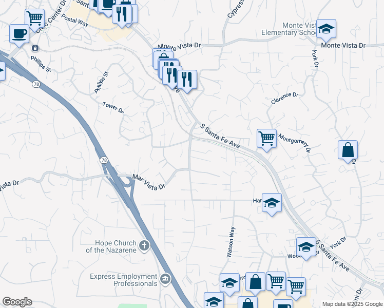 map of restaurants, bars, coffee shops, grocery stores, and more near 156 Zember Court in Vista