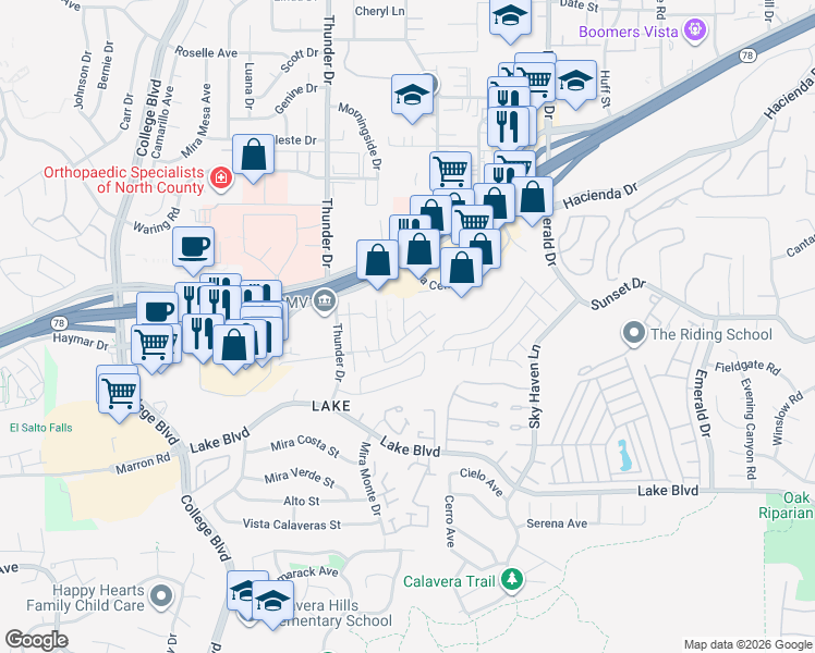 map of restaurants, bars, coffee shops, grocery stores, and more near 3425 Del Este Way in Oceanside