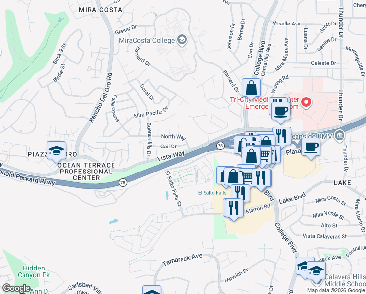 map of restaurants, bars, coffee shops, grocery stores, and more near 3760 North Way in Oceanside