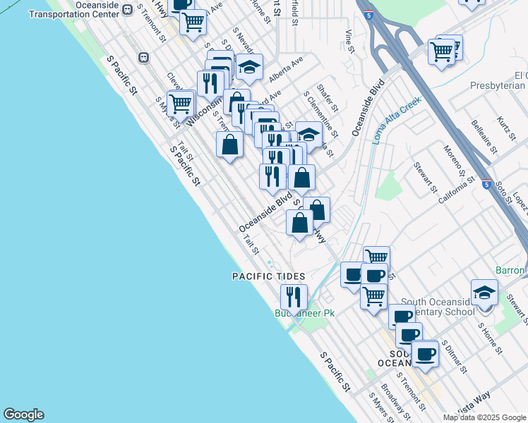 map of restaurants, bars, coffee shops, grocery stores, and more near 302 Oceanside Boulevard in Oceanside
