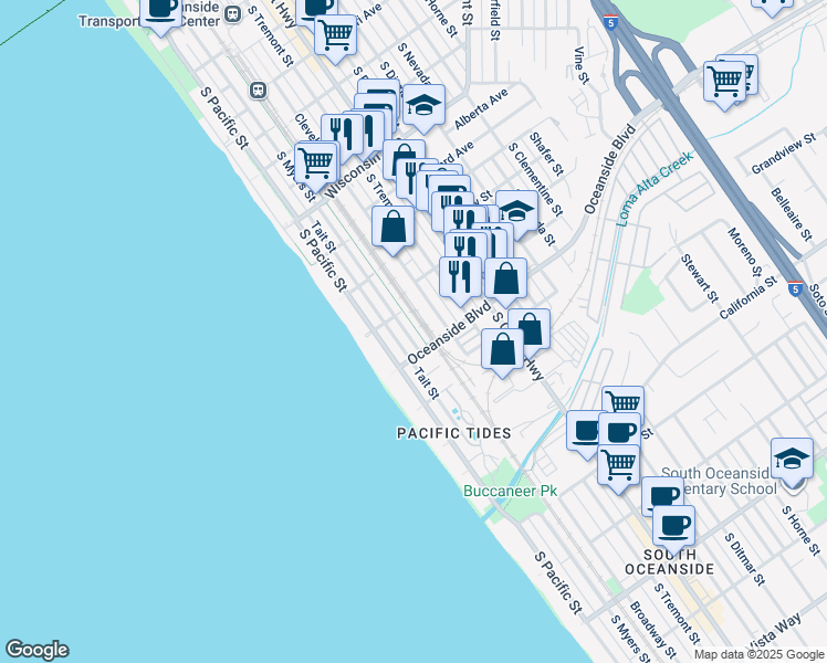 map of restaurants, bars, coffee shops, grocery stores, and more near 1114 South Myers Street in Oceanside