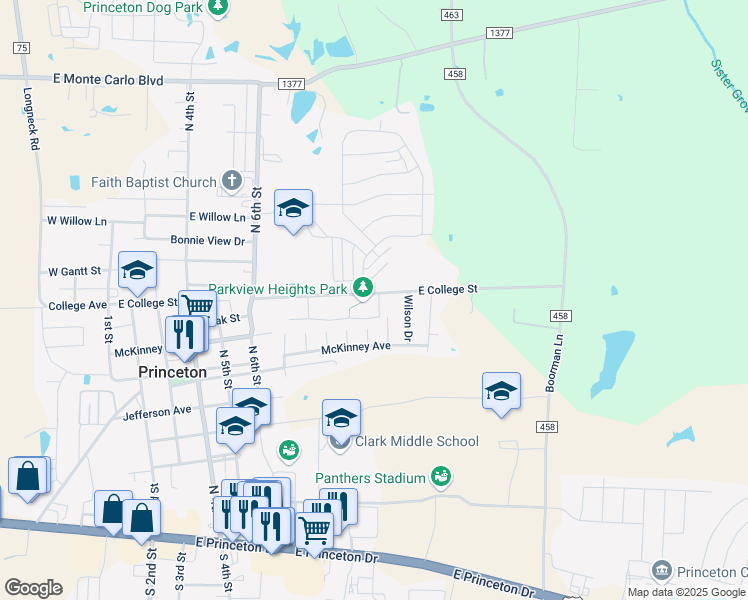 map of restaurants, bars, coffee shops, grocery stores, and more near 1101 Parkway Trail in Princeton