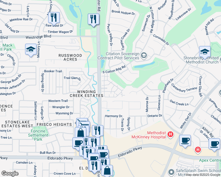 map of restaurants, bars, coffee shops, grocery stores, and more near 4920 Berkley Drive in McKinney