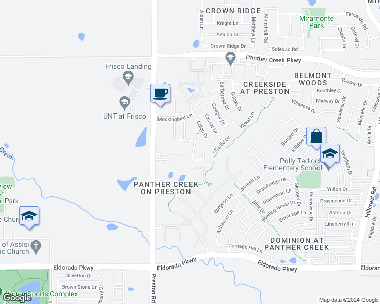 map of restaurants, bars, coffee shops, grocery stores, and more near 12657 Drexel Street in Frisco