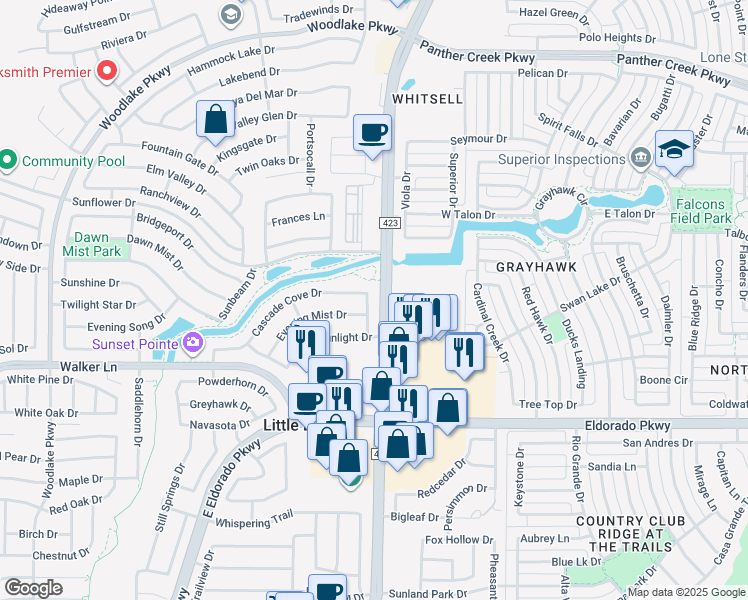 map of restaurants, bars, coffee shops, grocery stores, and more near 2877 Cascade Cove Drive in Little Elm