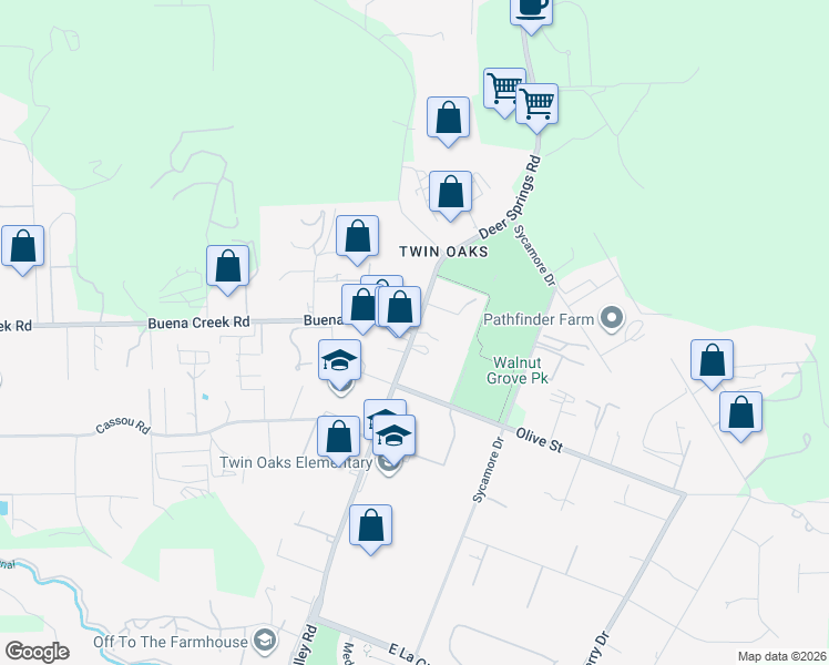 map of restaurants, bars, coffee shops, grocery stores, and more near N Twin Oaks Valley Rd & Buena Creek Rd in San Marcos