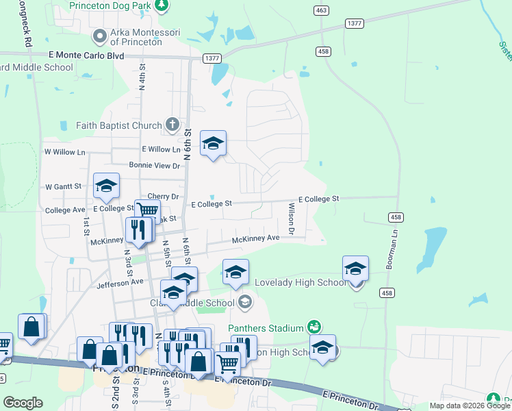 map of restaurants, bars, coffee shops, grocery stores, and more near 839 East College Street in Princeton