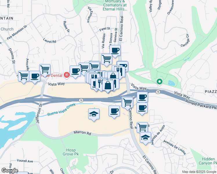 map of restaurants, bars, coffee shops, grocery stores, and more near 2641 Vista Way in Oceanside