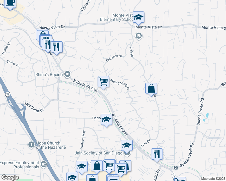 map of restaurants, bars, coffee shops, grocery stores, and more near 1477 Montgomery Drive in Vista