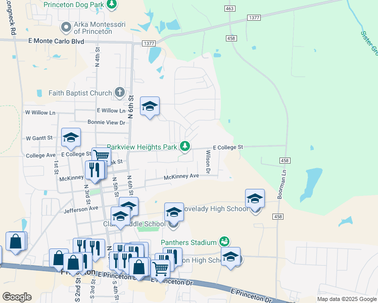 map of restaurants, bars, coffee shops, grocery stores, and more near 1101 Parkway Trail in Princeton