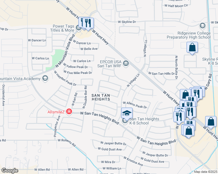 map of restaurants, bars, coffee shops, grocery stores, and more near 2880 West Hayden Peak Drive in Queen Creek