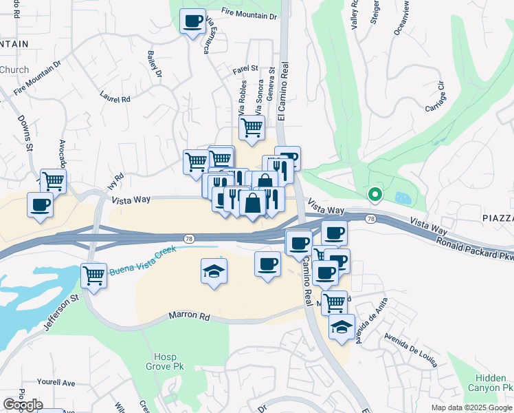 map of restaurants, bars, coffee shops, grocery stores, and more near 2641 Vista Way in Oceanside