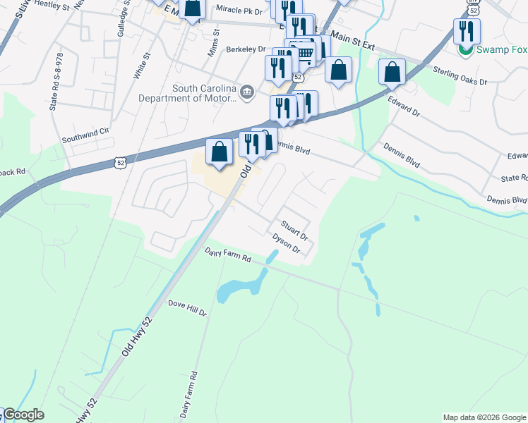 map of restaurants, bars, coffee shops, grocery stores, and more near 402 Rockville Road in Moncks Corner