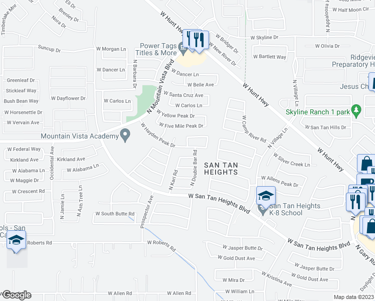 map of restaurants, bars, coffee shops, grocery stores, and more near 3189 West Hayden Peak Drive in Queen Creek