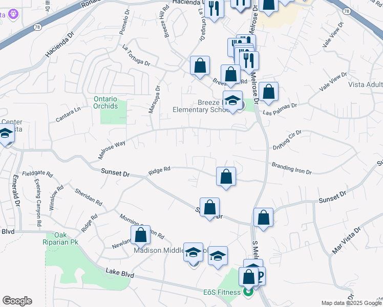 map of restaurants, bars, coffee shops, grocery stores, and more near 1211 Tesoro Place in Vista