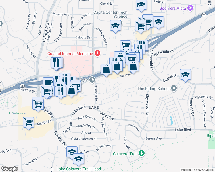 map of restaurants, bars, coffee shops, grocery stores, and more near 3445 Los Mochis Way in Oceanside