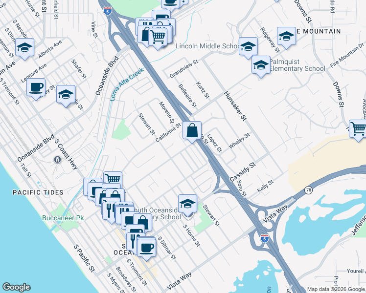 map of restaurants, bars, coffee shops, grocery stores, and more near 1221 Herby Way in Oceanside