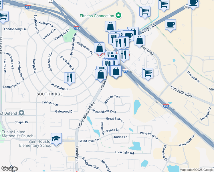 map of restaurants, bars, coffee shops, grocery stores, and more near 2525 Lillian Miller Parkway in Denton