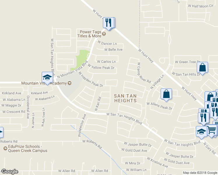 map of restaurants, bars, coffee shops, grocery stores, and more near 3149 West Hayden Peak Drive in Queen Creek