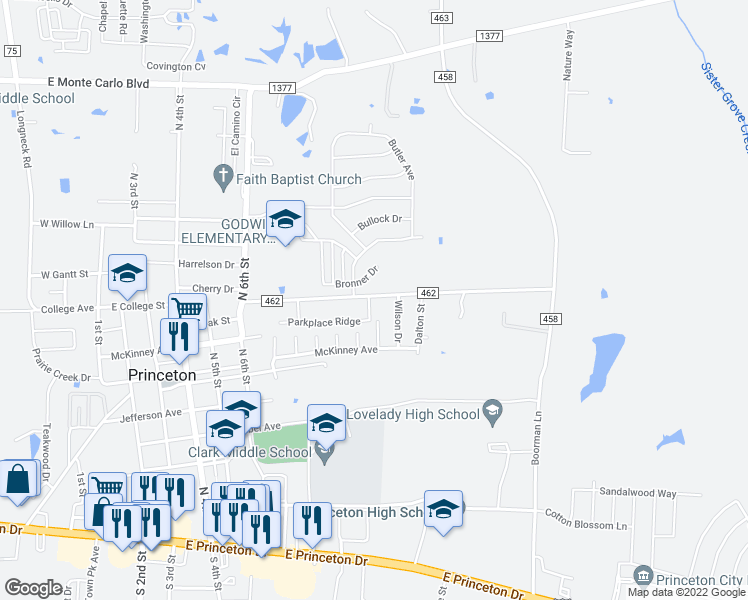 map of restaurants, bars, coffee shops, grocery stores, and more near 1101 Parkway Trail in Princeton