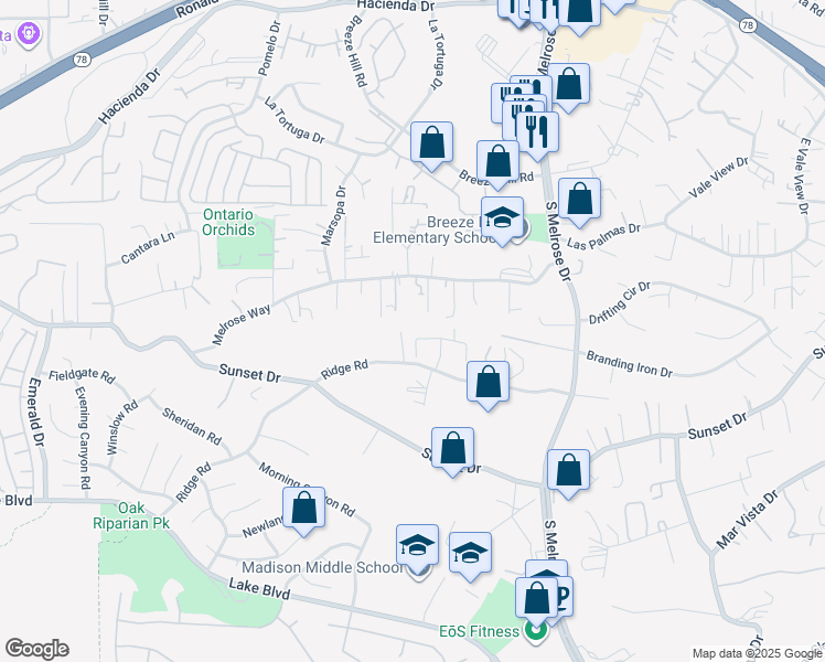 map of restaurants, bars, coffee shops, grocery stores, and more near 1211 Tesoro Place in Vista