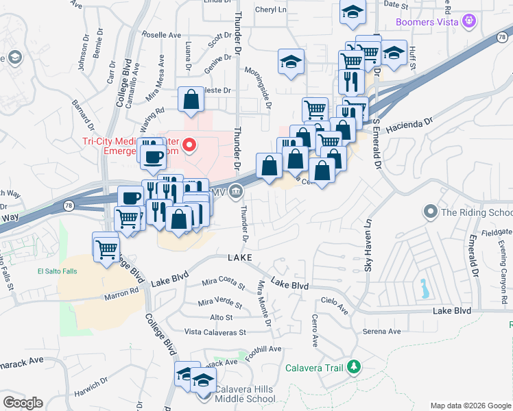 map of restaurants, bars, coffee shops, grocery stores, and more near 3434 Seabreeze Walk in Oceanside