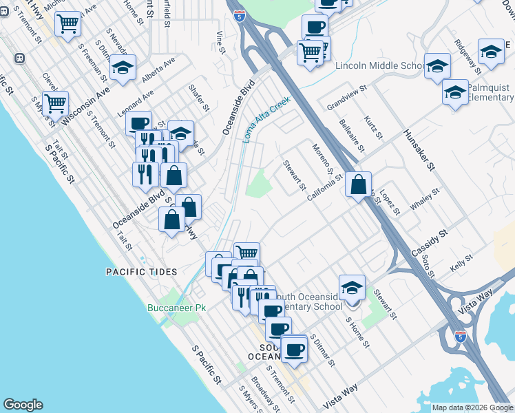 map of restaurants, bars, coffee shops, grocery stores, and more near 1417 Marshall Street in Oceanside